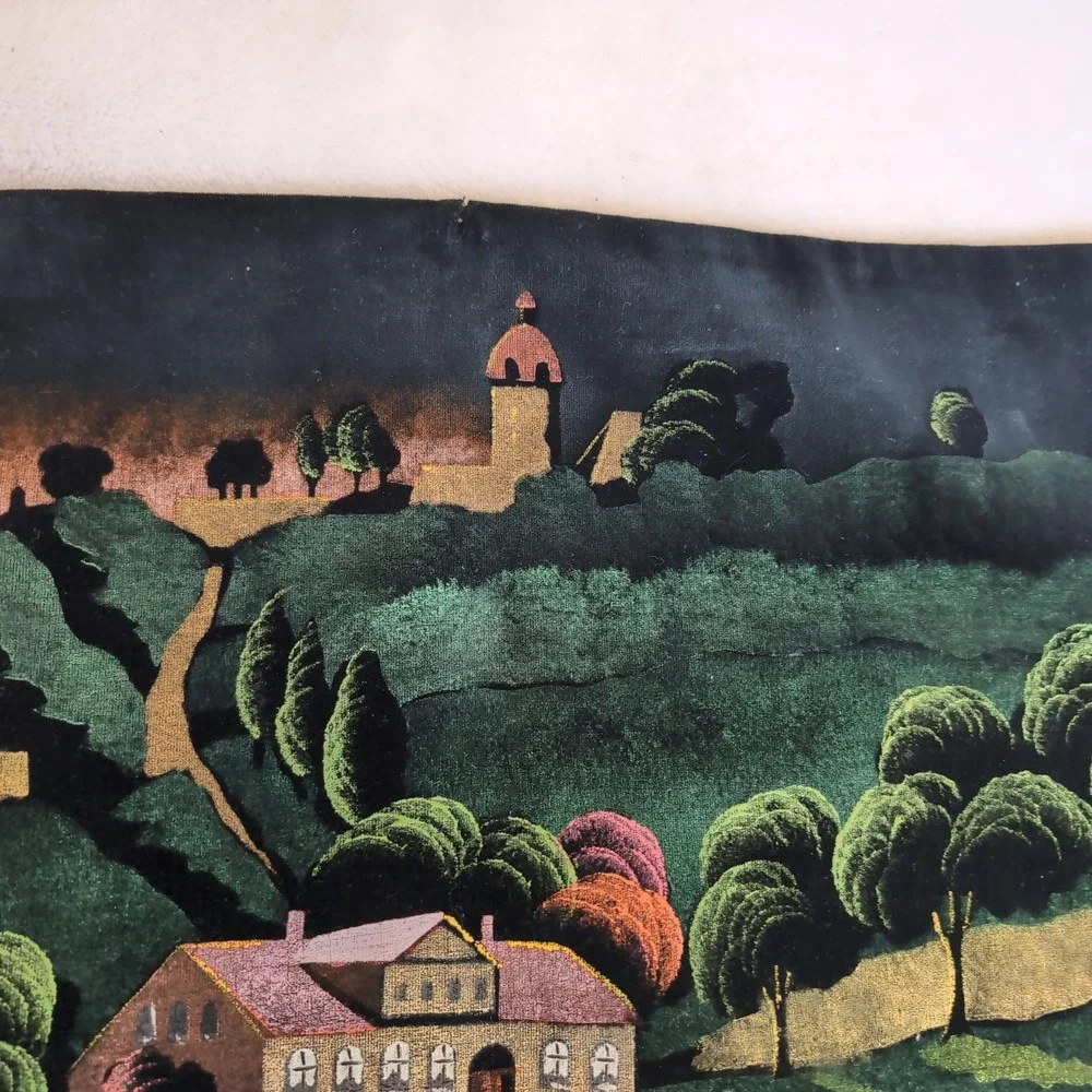 Vintage Hand Painted Velvet Painting Wall Hanging Colorful Village Folk Art MCM